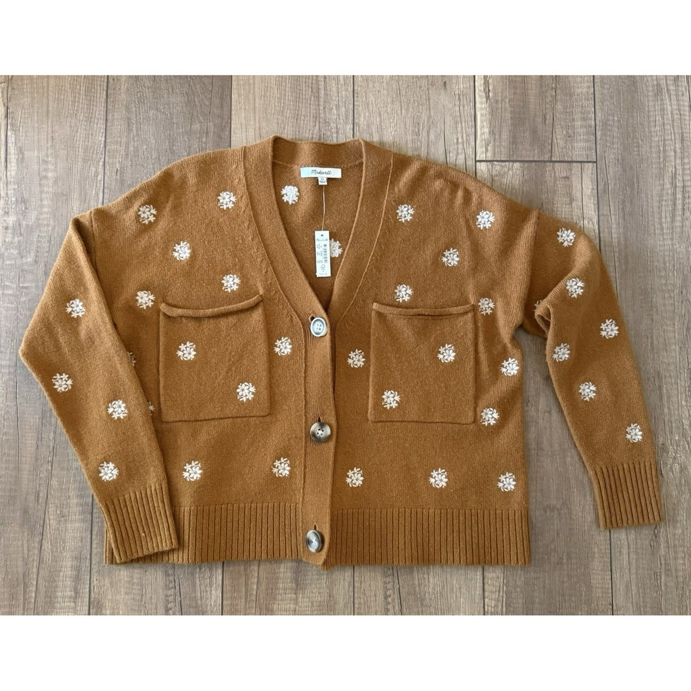 NWT Madewell Upton Cardigan XS Camel Wool Blend Floral Embroidered Sweater